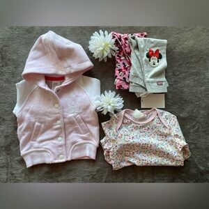 NWOT H&M Baby Girl 4pc Bundle Pink Varsity Jacket & Minnie Mouse Set  2-6mos